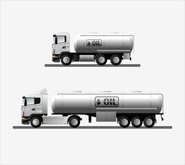 a set of modern European trucks with an oil tanker and an oil sign. Vector illustration.