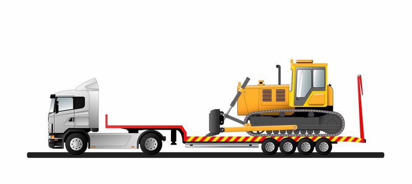 Image of a modern European low loader semi-trailer with cargo. Goose bulldozer. Transportation of construction equipment.