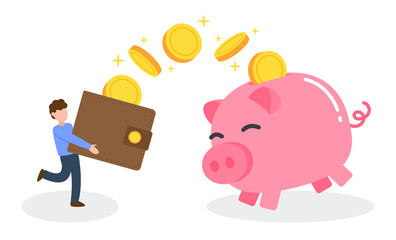 Man carry a money wallet while golden coins floating into the piggy bank. Creative financial concept of savings. Simple trendy cute cartoon vector illustration. Flat style graphic design element.