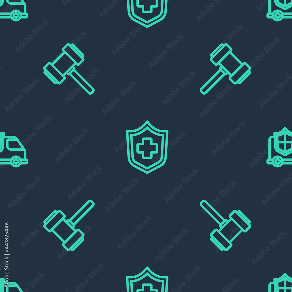 Poster set line health insurance, judge gavel and car with shield on seamless pattern. vector