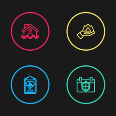 Set line Health insurance, Calendar with shield, Hand holding fire and House flood icon. Vector