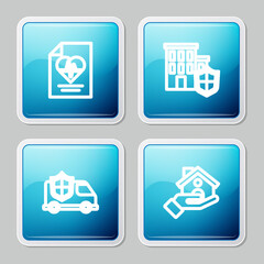 Set line Health insurance, House with shield, Car and icon. Vector