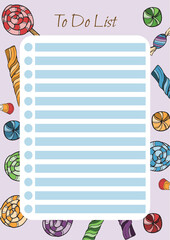 A4 template for to do list. Notebook page design with sweets and candies on background. Vector illustration.