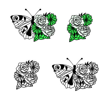Butterfly peacock outline and flowers decoration isolated on a white background