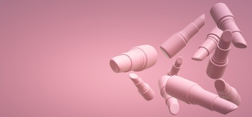 3D Lipstick tubes on pink background. Women beauty products, luxury fashion and makeup concept copy space