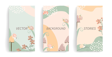 Vector layout with copy space for text. Abstract flowers design template for social media posts, stories, banners, mobile apps, web, print ads. Seasonal journaling card with funny snail and mushrooms