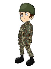 Army Military Boy Cartoon Character Wearing  Uniform Helmet 