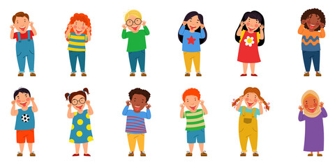 A set of children of different nationalities. The boys and girls grimaced and stuck out their tongues. Bright vector illustration in a flat style. - obrazy, fototapety, plakaty