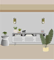 House interior design, with plants, light, illustration design and soft color background.