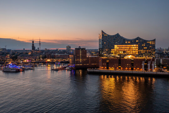 Hamburg, Germany, Panorama of the Harbour at night