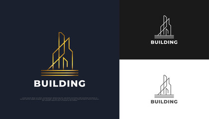 Luxury Gold Real Estate Logo Design with Linear Concept. Construction, Architecture or Building Logo Design Template