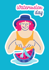 National Watermelon Day. August 3rd. Female character in hat eating watermelon. Vector colorful illustration for design, postcard, sticker.