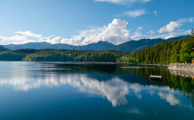 The Eibsee lake view with beautiful sky , and mountain reflection in the lake.