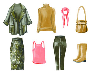 Naklejka premium A set of women's autumn clothing, a bag, a scarf, shoes in brown, green and pink tones in watercolor technique in the vector eps10 with a copy of the space.