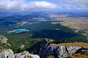 View at Black Lake and Žabljak from Savin Kuk. National Park Durmitor, Montenegro.