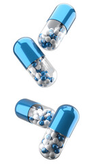 falling medical capsule shape pills isolated on a white background. 3d rendering - 441835407