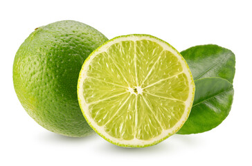 limes with leaves isolated on a white background
