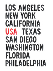 Obraz premium Poster design with largest United States cities and states. Bright illustration for print, greeting card, banner, placard. Hand painted watercolour drawing on white background. Black and red colors.