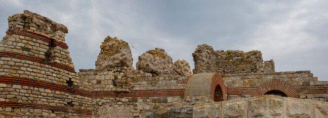 Panorama of the centuries-old fortress wall of the fishing town of Mesembria, V-VI century. Nesebar resort, Bulagaria