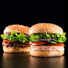Fresh tasty burger with fish fillet, tomato and special sauce over black background with copy space above