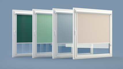 Fototapeta na wymiar Collection of window roller blinds - 3D illustration