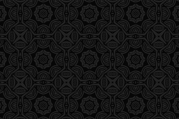 3D volumetric convex embossed geometric black background. Pattern with ethnic ornament in stained glass style. Islam, Arabic, Indian, Ottoman motives.