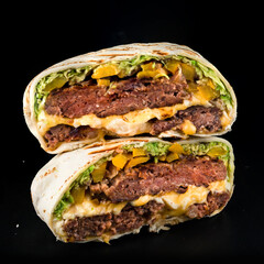 Grilled beef burgers in pita bread with cheese and arugula leaves