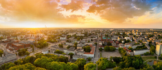 City of Lodz in Poland during sunset - panoramic aerial view - obrazy, fototapety, plakaty