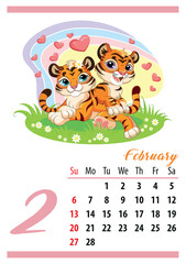 Cute tiger wall calendar february template 2022 vector