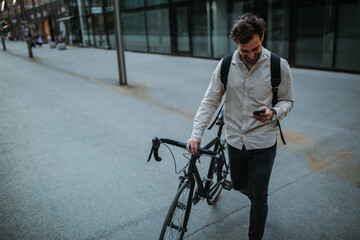 Obraz premium Stylish young man standing outside with his bicycle and using phone