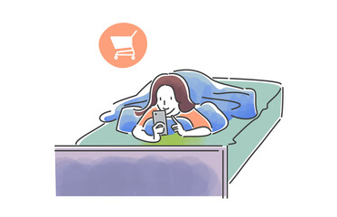 気ままな毎日を過ごしている女性　ベットでネットショッピング
