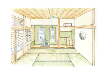 日本の伝統的な家の座敷の水彩イラスト