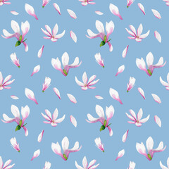Magnolia flower seamless pattern on sky blue background
