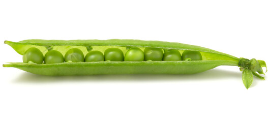 An open pea pod lies on a white background, isolated in full focus for quick selection.