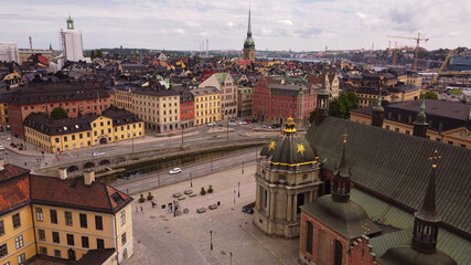 Fototapeta na wymiar A drone shot of Stockholm’s old city, Gamla Stan, Sweden