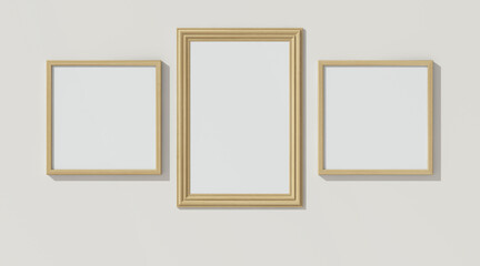 Three wooden frames on white wall. Triptych. 3D render wooden frame mock up. Empty interior. 3D illustrations. 3D design interior. Template for business.