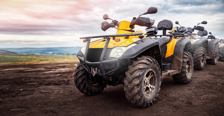 ATV quad bike on forest offroad. Concept banner motocross quadricycle trip background - obrazy, fototapety, plakaty