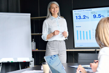 Mid age smiling senior Asian business woman ceo executive manager teacher presenting to trainees interns income revenue data results on big screen in modern office on business seminar.