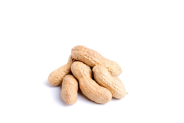Peeled peanuts and peanut pod isolated on white background.