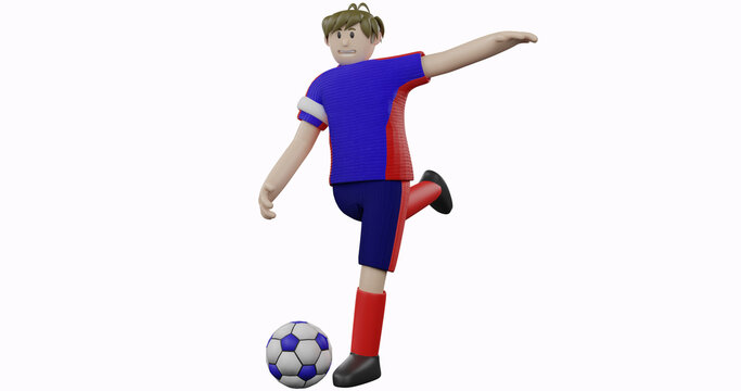 3D Illustration of male football athlete kick the ball. 3D rendering soccer concept