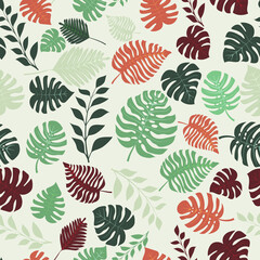 Seamless pattern with exotic jungle plants. Tropical palm leaves. Rainforest illustration, multicolored on white background.