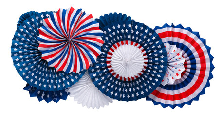 Decorations of vibrant red white and blue paper fans isolated on white. For 4th of July, Memorial...