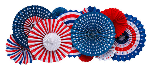 Decorations of vibrant red white and blue paper fans isolated on white. For 4th of July, Memorial...