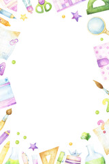 Colorful rectangular watercolor back to school frame with craft and art supplies, stationery items, such as notepad, planner, brushes, letters, numbers, pens and pencils