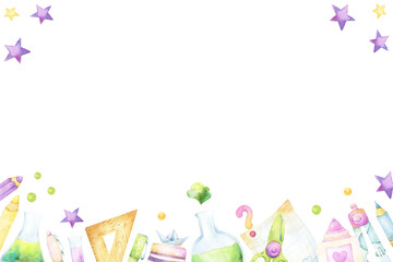 Rectangular template with watercolor illustrations of back to school and science class supplies, pens, pencils, laboratory glassware, isolated border on white background