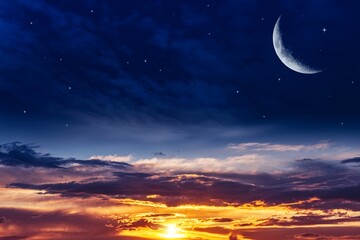 Crescent moon with beautiful sunset background . bright sky
