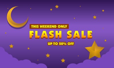 Promotion of flash sale discount banner template with moon and stars in space theme