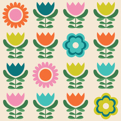 Colourful Swedish folk floral seamless vector pattern. Geometric Nordic, Scandinavian, Scandi, flat graphic style vibrant flowers on neutral beige background. Bold abstract minimalist repeat design.