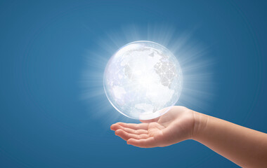 Kid Hand touching a digital world with Health care and medical services icons, Health care and medical services, medical technology network concept.