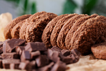 chocolate cookies close-up on an old kitchen table